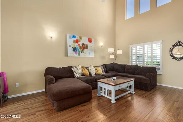 living area featuring baseboards, wood finished floors, and a towering ceiling