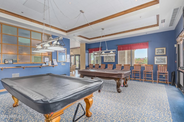 game room with a raised ceiling, ornamental molding, and pool table