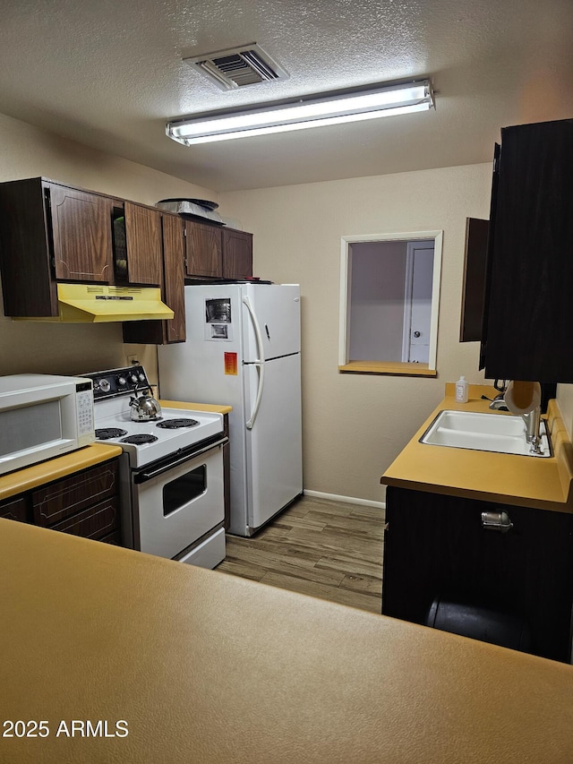 kitchen featuring visible vents, under cabinet range hood, white appliances, a textured ceiling, and a sink