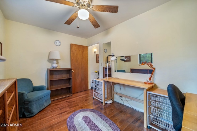 home office featuring hardwood / wood-style floors and ceiling fan