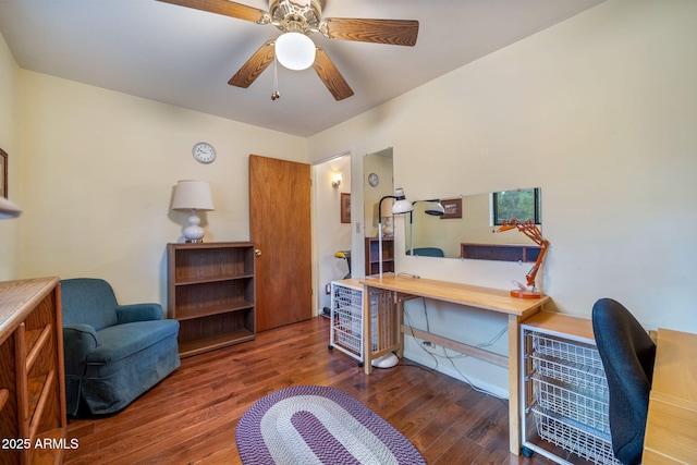 home office with ceiling fan and hardwood / wood-style flooring