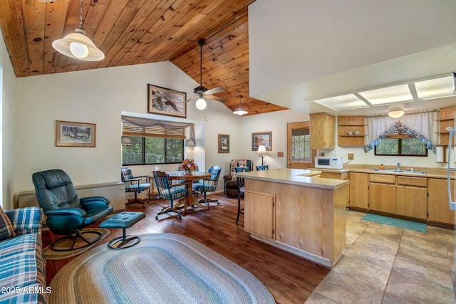 kitchen featuring ceiling fan, sink, wooden ceiling, hanging light fixtures, and vaulted ceiling