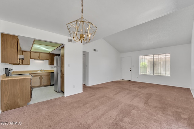 4836 W Rose Ln, Glendale, AZ 85301 - interior space with light carpet, a sink, visible vents, a chandelier, and lofted ceiling