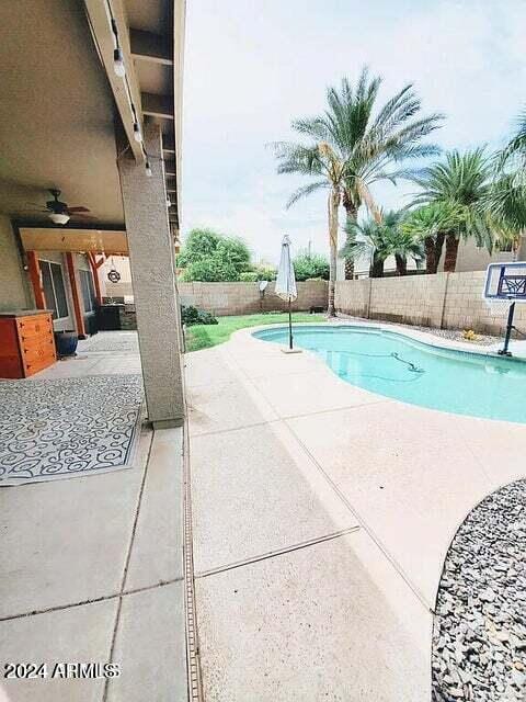 view of swimming pool with ceiling fan and a patio area