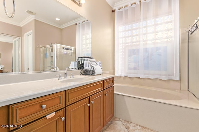 bathroom with vanity, plus walk in shower, ornamental molding, and tile patterned flooring