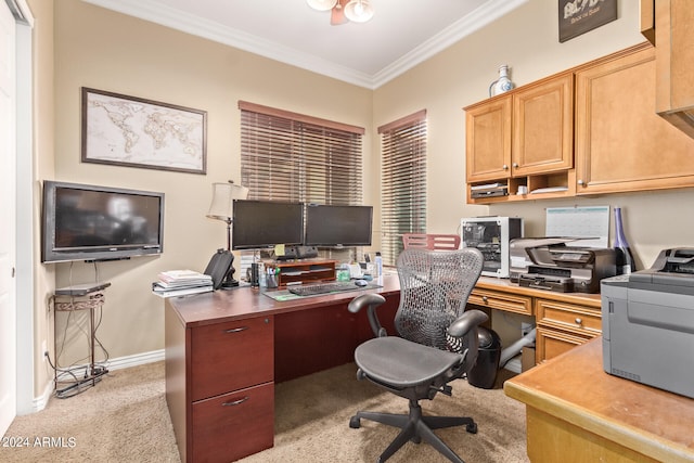 carpeted home office with crown molding