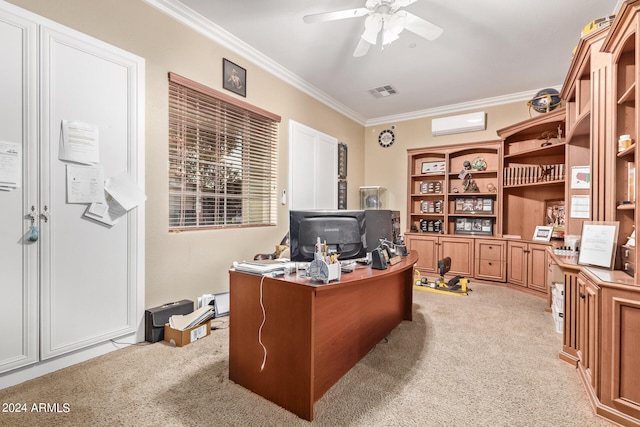 carpeted office space featuring a wall mounted air conditioner, crown molding, and ceiling fan