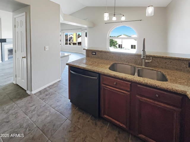 kitchen featuring vaulted ceiling, a sink, light stone countertops, dishwasher, and decorative light fixtures