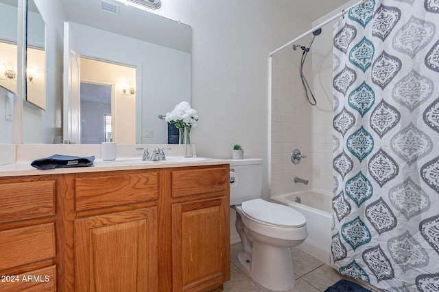 full bathroom with tile patterned flooring, vanity, toilet, and shower / bathtub combination with curtain