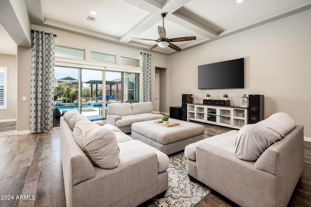 living room featuring ceiling fan, beam ceiling, hardwood / wood-style floors, and coffered ceiling