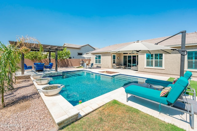 view of pool with an outdoor hangout area, a pergola, and a patio area