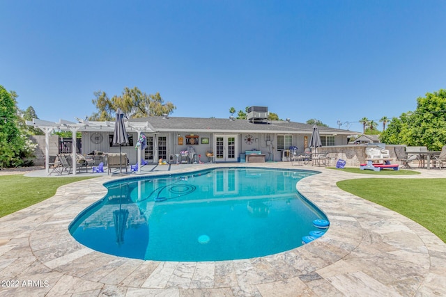 view of pool featuring cooling unit, a pergola, a patio area, and french doors