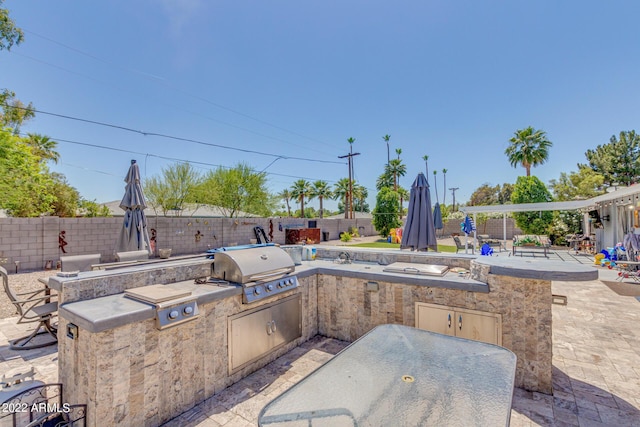 view of patio / terrace featuring outdoor dining area, an outdoor kitchen, a fenced backyard, area for grilling, and a pergola