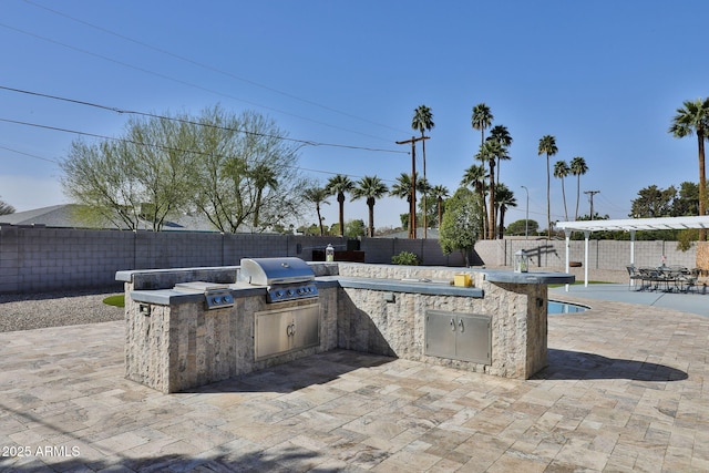 view of patio / terrace with a fenced backyard, grilling area, and exterior kitchen