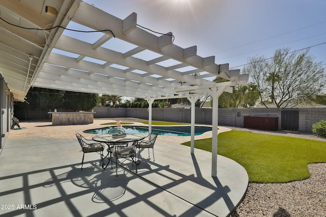 view of patio featuring a fenced in pool, outdoor dining area, a fenced backyard, and a pergola