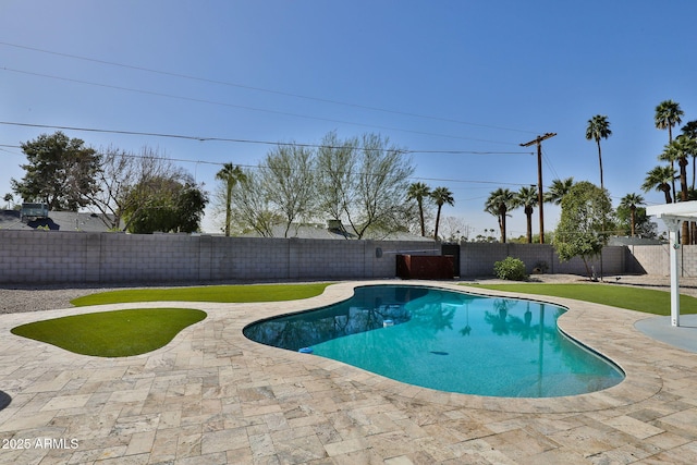 view of swimming pool featuring a fenced backyard, a fenced in pool, and a patio