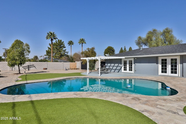 view of pool with a fenced in pool, french doors, a patio area, a pergola, and a fenced backyard