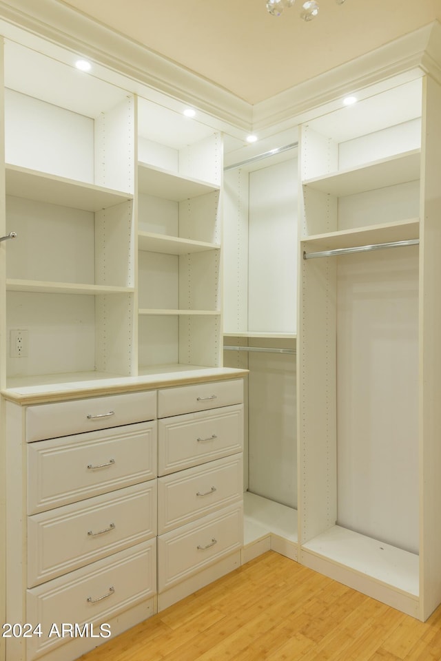 walk in closet with light hardwood / wood-style floors