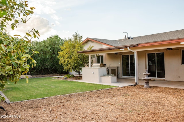 rear view of property with a patio, a lawn, ceiling fan, and an outdoor kitchen