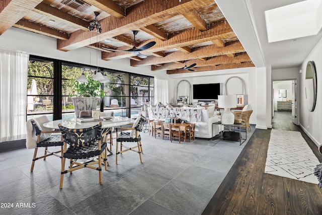 dining area with ceiling fan, dark hardwood / wood-style flooring, beamed ceiling, and wooden ceiling