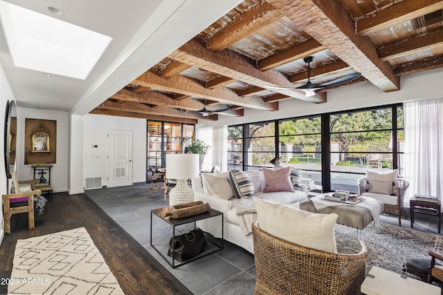 living room featuring beam ceiling, ceiling fan, dark wood-type flooring, and wood ceiling