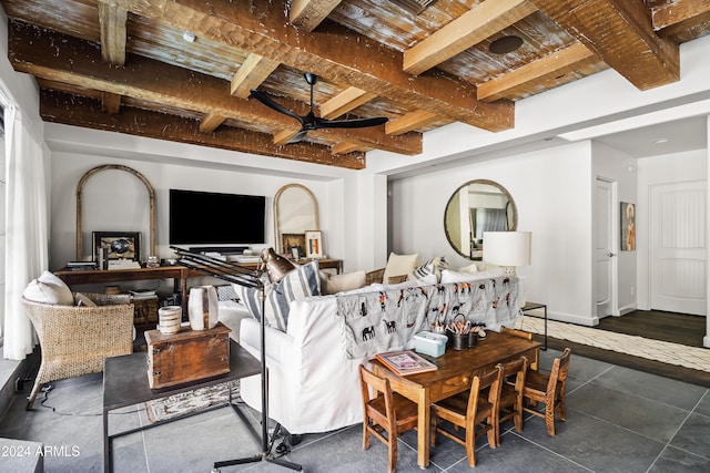 living room featuring beam ceiling, ceiling fan, and wood ceiling