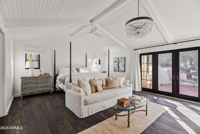 bedroom featuring dark wood-type flooring, french doors, lofted ceiling with beams, access to exterior, and a chandelier