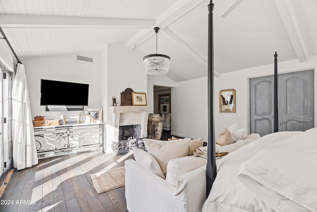 bedroom with a chandelier, vaulted ceiling with beams, and dark hardwood / wood-style flooring