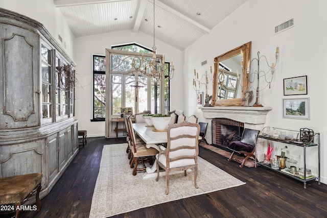 dining area with a brick fireplace, wood ceiling, dark wood-type flooring, beam ceiling, and high vaulted ceiling