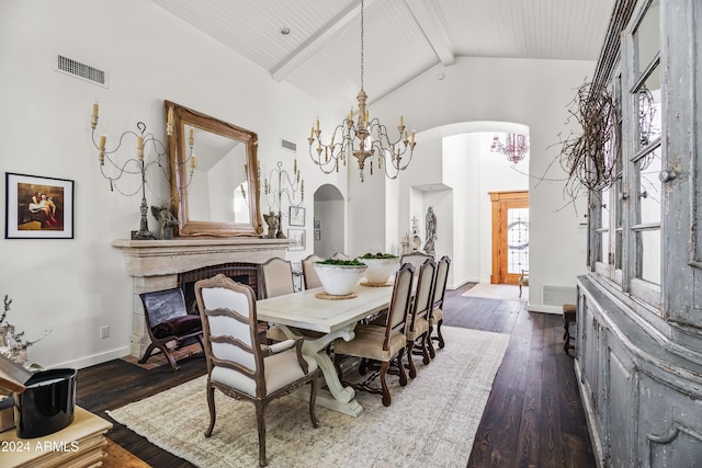 dining space featuring wood ceiling, high vaulted ceiling, an inviting chandelier, beamed ceiling, and dark hardwood / wood-style floors