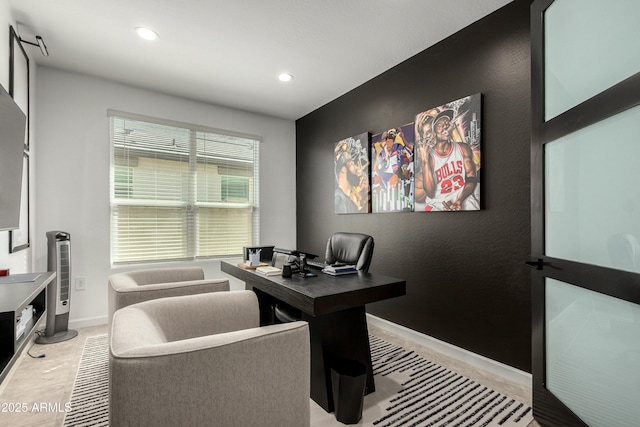 office area with recessed lighting and baseboards