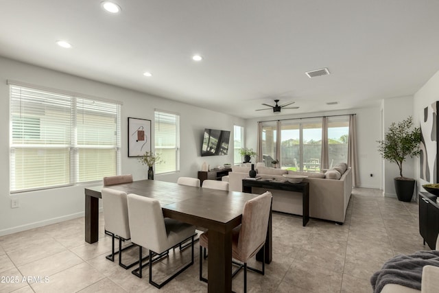 dining space with visible vents, baseboards, recessed lighting, light tile patterned flooring, and a ceiling fan