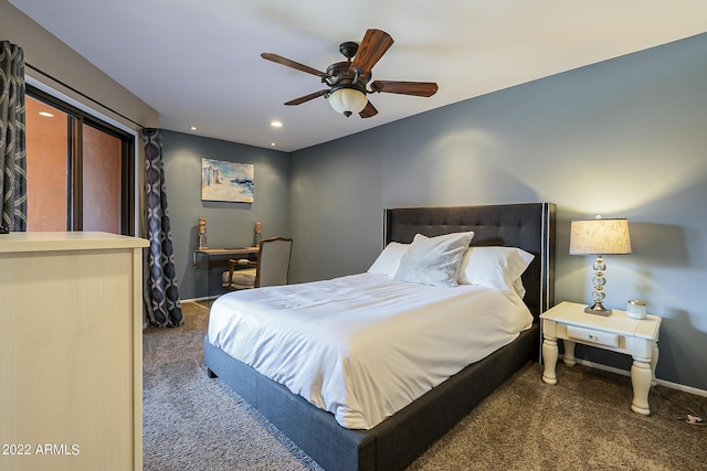 bedroom with baseboards, carpet floors, ceiling fan, and recessed lighting