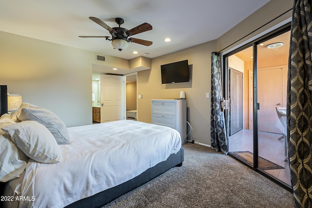 carpeted bedroom featuring visible vents, baseboards, a ceiling fan, access to outside, and recessed lighting