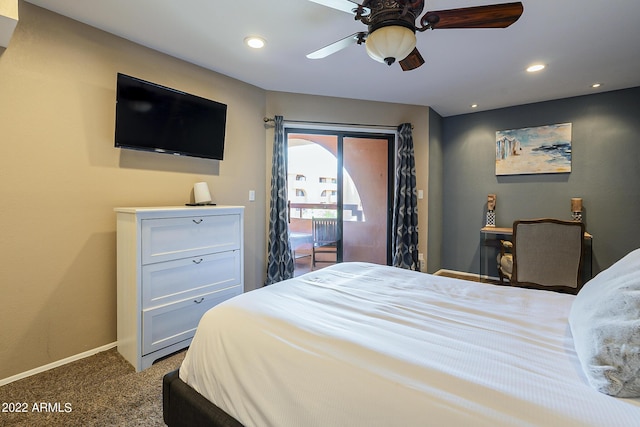 carpeted bedroom with baseboards, a ceiling fan, and recessed lighting