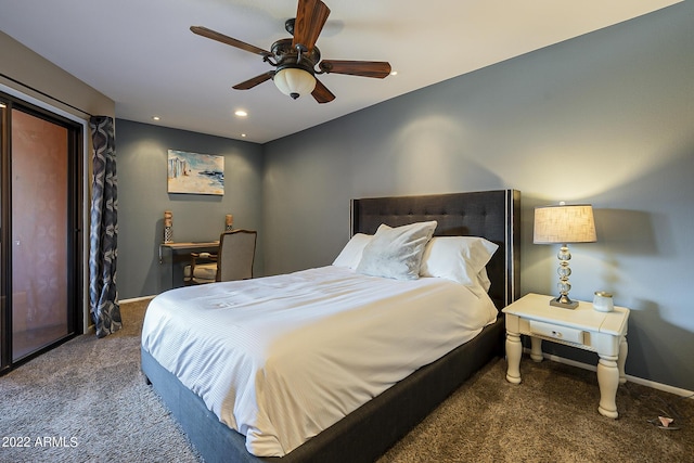 carpeted bedroom featuring ceiling fan, recessed lighting, and baseboards