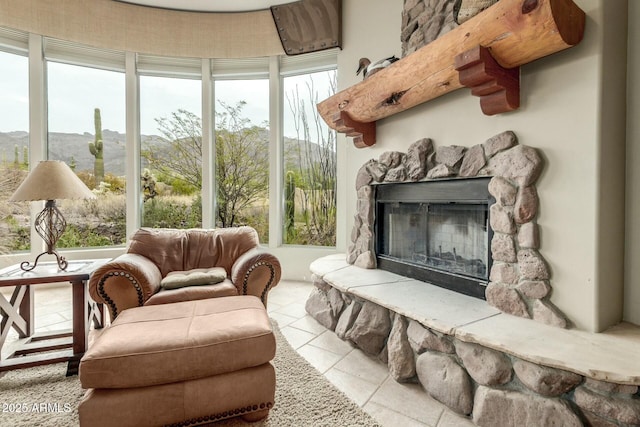 living area featuring a stone fireplace