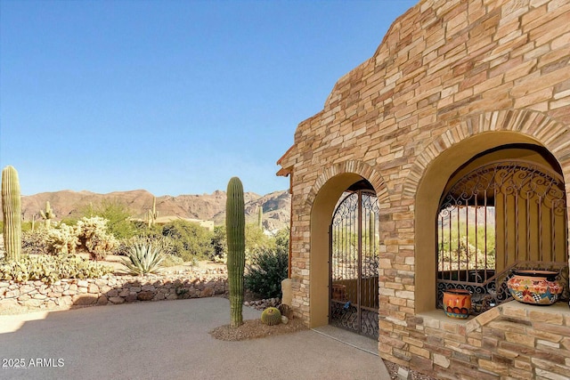 view of patio with a mountain view