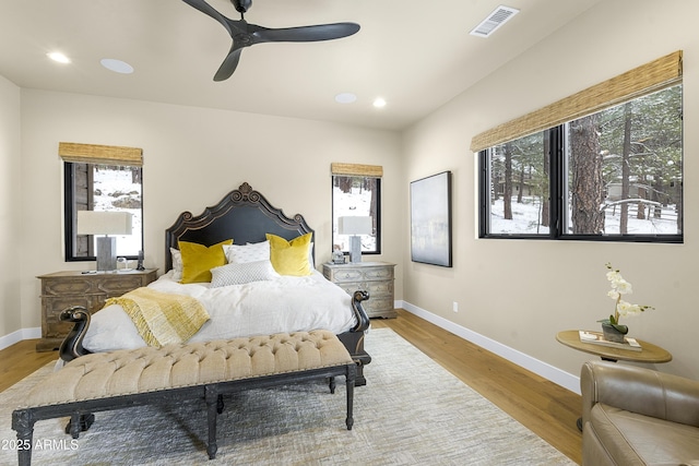 bedroom featuring ceiling fan and light wood-type flooring