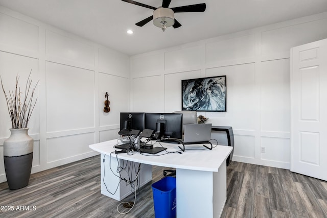 home office featuring ceiling fan and dark hardwood / wood-style flooring