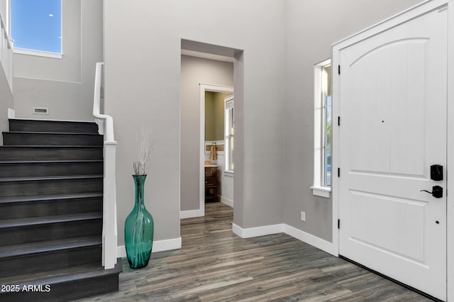 foyer entrance featuring a wealth of natural light and dark hardwood / wood-style flooring