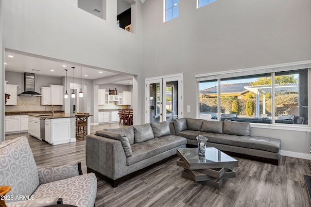 living room with dark wood-type flooring, sink, and a wealth of natural light