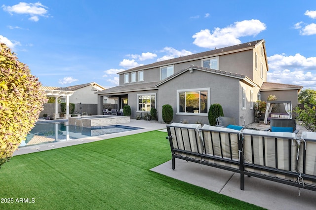 rear view of house featuring an outdoor living space, a pergola, a lawn, and a patio area