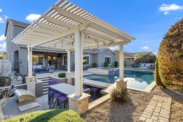 exterior space featuring a pergola, outdoor lounge area, a patio, area for grilling, and an in ground hot tub