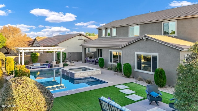 back of property featuring a yard, a pergola, a patio, and an outdoor living space with a fire pit