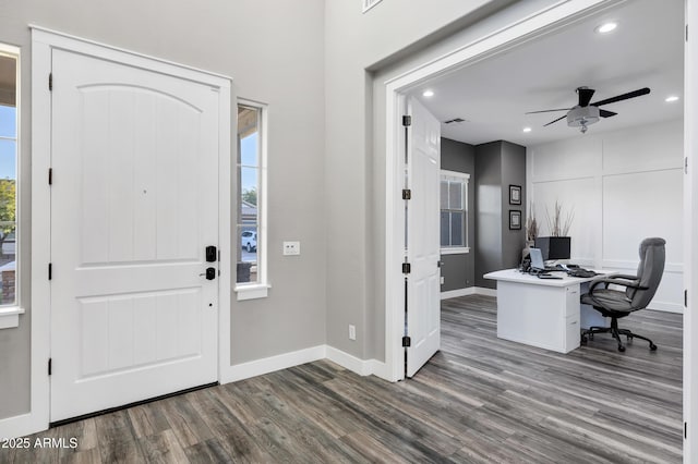 entrance foyer featuring ceiling fan and dark hardwood / wood-style floors