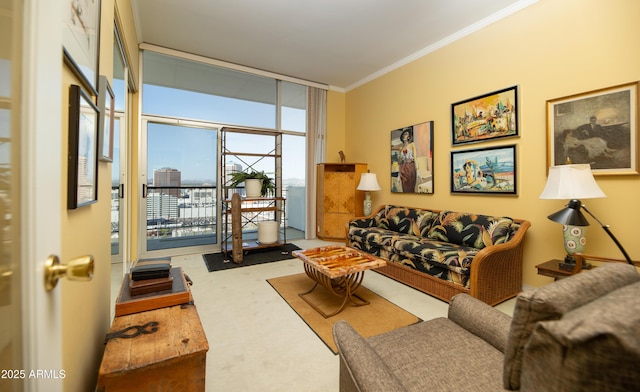 living room featuring floor to ceiling windows, crown molding, and carpet floors