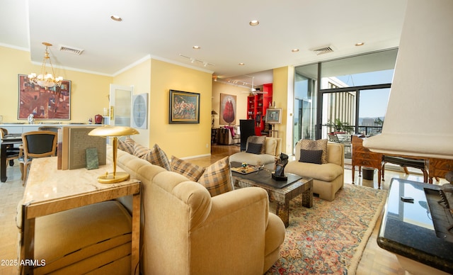 living area with recessed lighting, expansive windows, visible vents, and crown molding