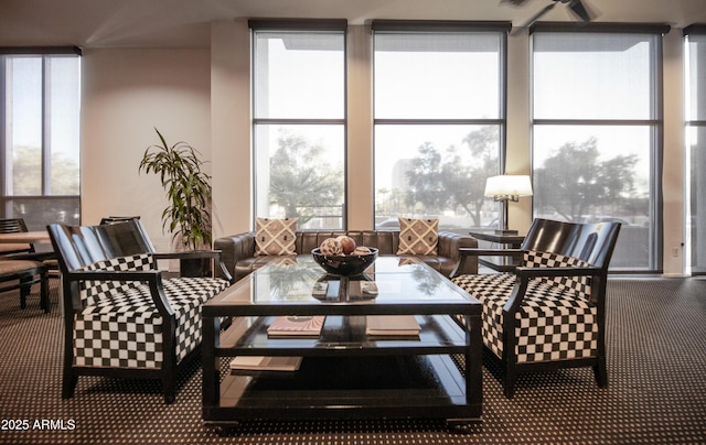 living area featuring a wall of windows, carpet flooring, and breakfast area