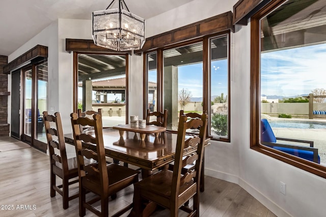 dining room featuring wood-type flooring and a notable chandelier